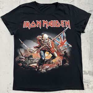 Iron Maiden The Trooper Eddie British Flag T-Shirt‎ Womens Size L Black Band Tee